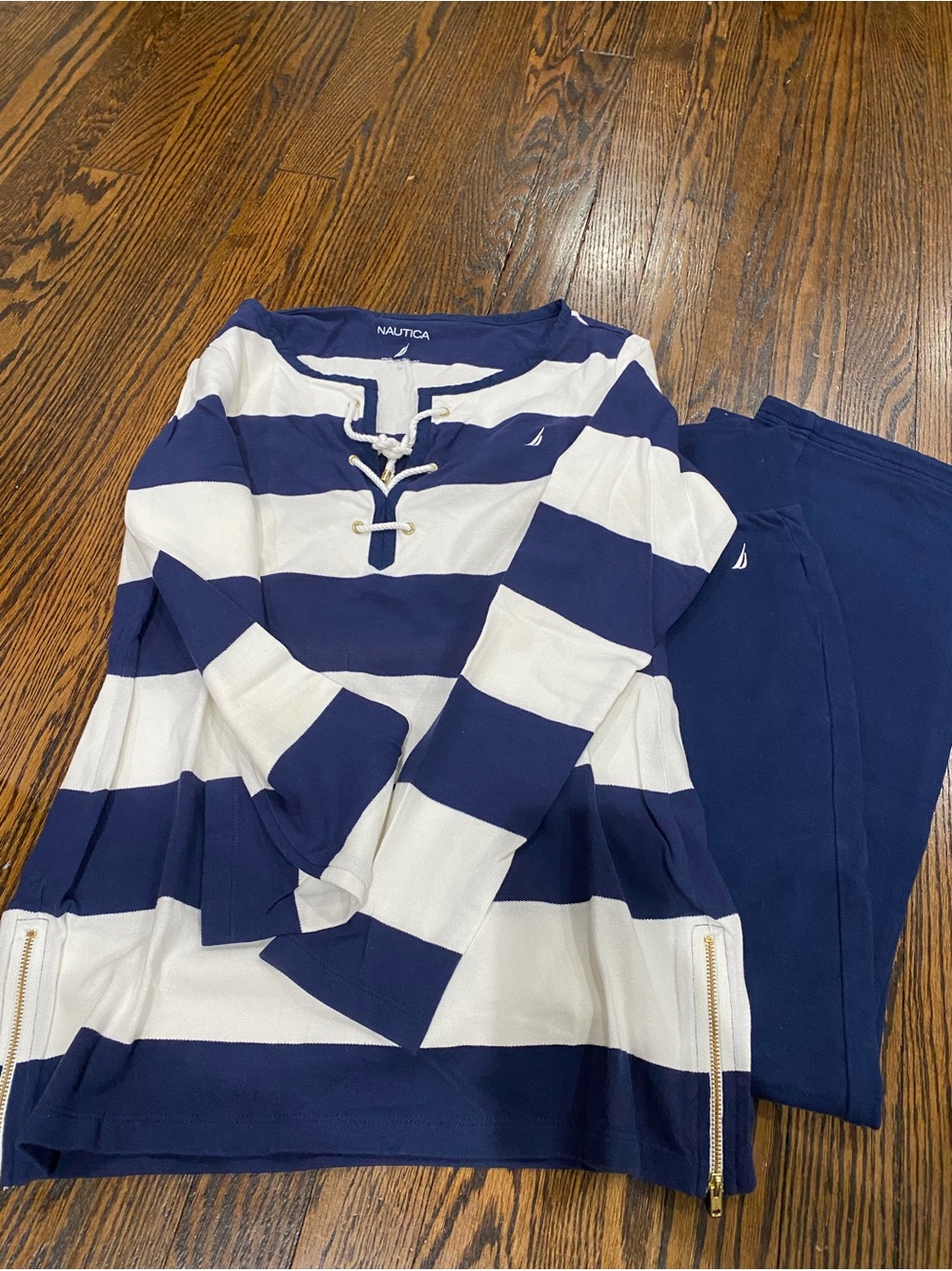 Nautica Navy & White Striped Lace-Up Top with Navy Track Pants
